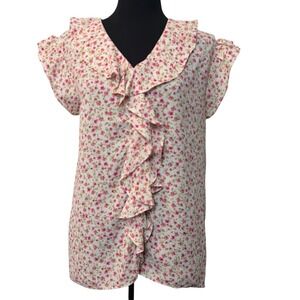 Everleigh Pink/Cream Floral Ruffle Front Button Placket‎ Hi-Lo Hem Blouse Large
